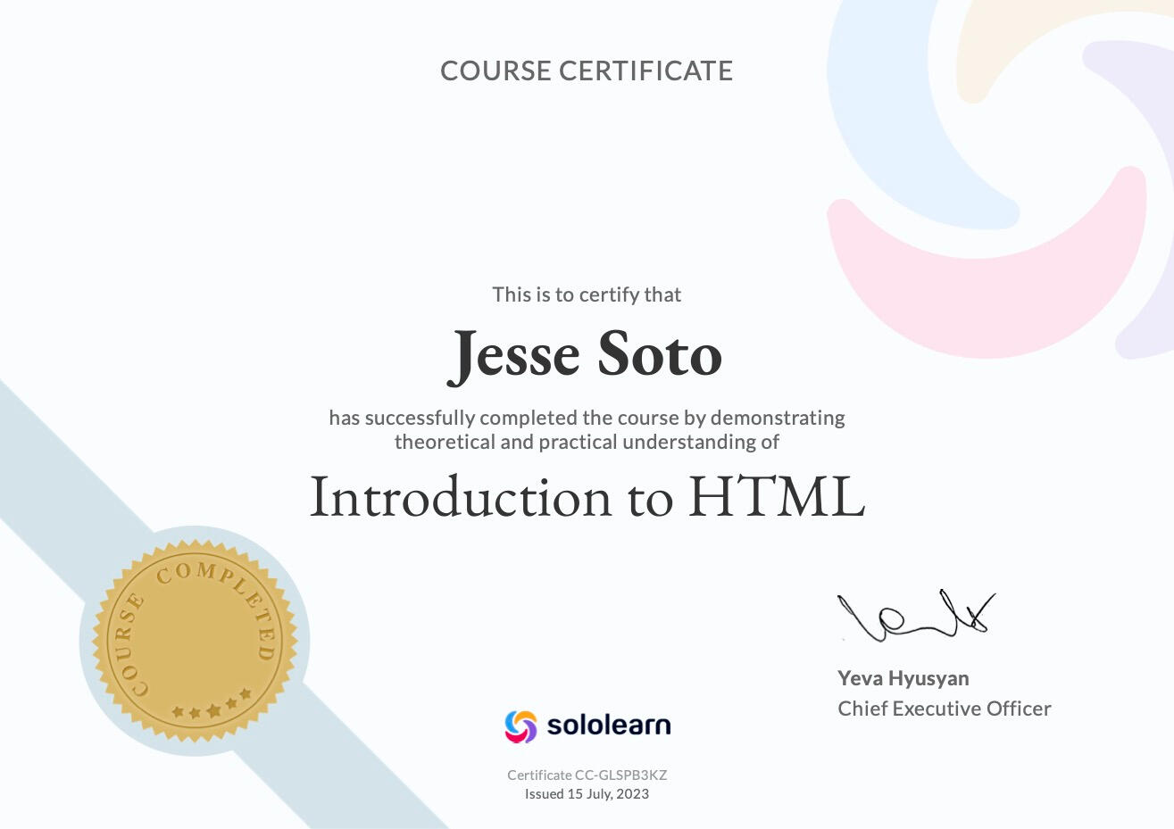 A certificate showing that Jesse Soto completed the Introduction to HTML course on SoloLearn.