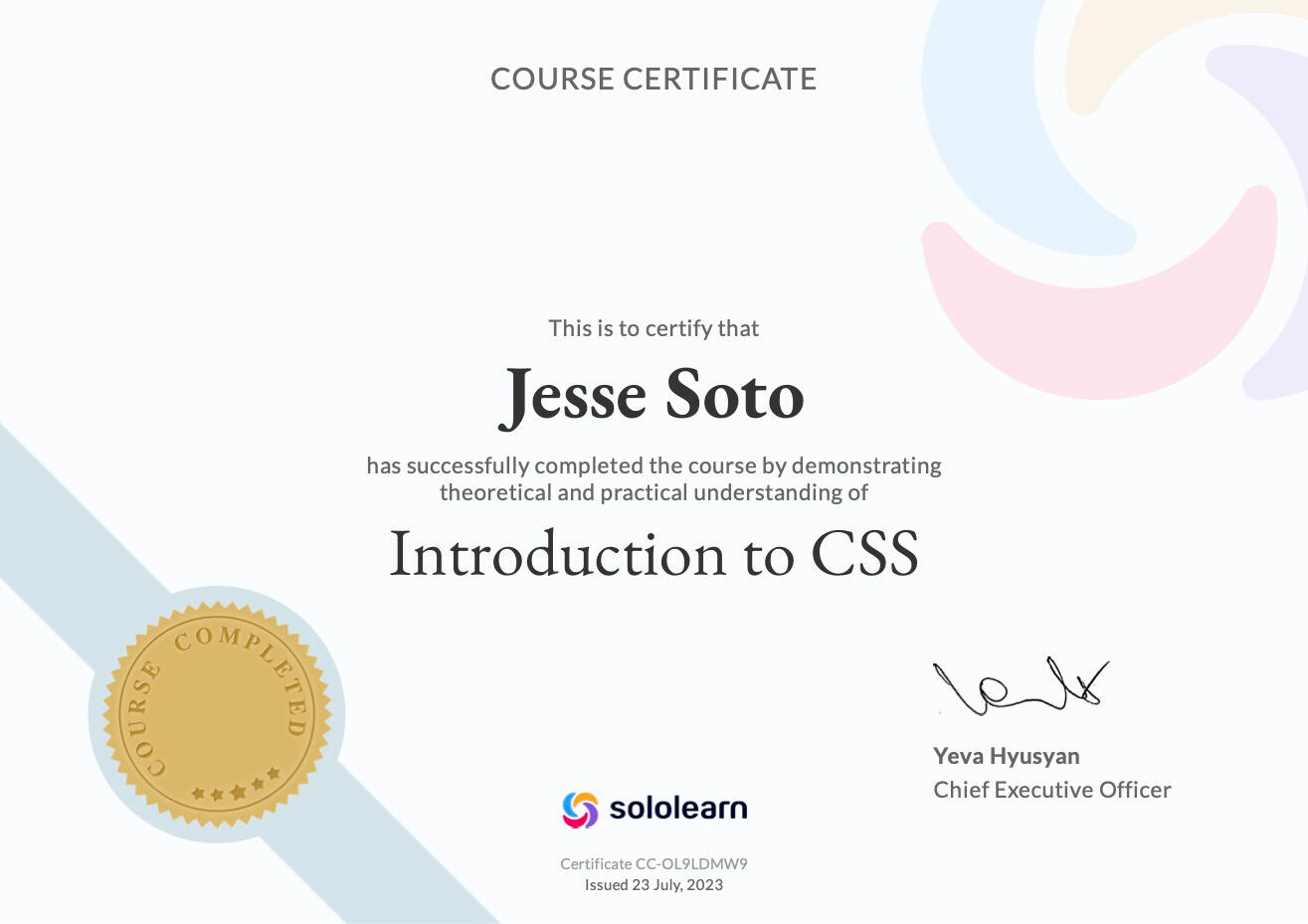 Jesse Soto Certificate from Sololearn that shows completion to their Introduction to CSS